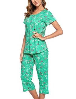 ENJOYNIGHT Schlafanzug Damen Kurz Pyjama Set Kurzarm Top mit 3/4 Lang Schlafhose Zweiteiliger Nachtwäsche S-3XL (Large,Grüner Flamingo) von ENJOYNIGHT