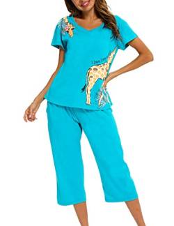 ENJOYNIGHT Schlafanzug Damen Kurz Pyjama Set Kurzarm Top mit 3/4 Lang Schlafhose Zweiteiliger Nachtwäsche S-3XL (Medium,Blaue Giraffe) von ENJOYNIGHT