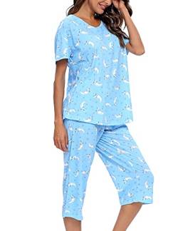 ENJOYNIGHT Schlafanzug Damen Kurz Pyjama Set Kurzarm Top mit 3/4 Lang Schlafhose Zweiteiliger Nachtwäsche S-3XL (Medium,Mond) von ENJOYNIGHT