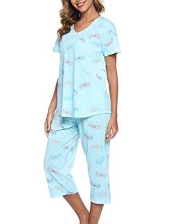 ENJOYNIGHT Schlafanzug Damen Kurz Pyjama Set Kurzarm Top mit 3/4 Lang Schlafhose Zweiteiliger Nachtwäsche S-3XL (Medium,Schmetterling) von ENJOYNIGHT