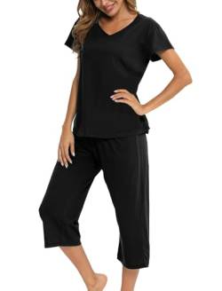 ENJOYNIGHT Schlafanzug Damen Kurz Pyjama Set Kurzarm Top mit 3/4 Lang Schlafhose Zweiteiliger Nachtwäsche S-3XL (X-Large,Einfarbig-Schwarz) von ENJOYNIGHT