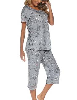 ENJOYNIGHT Schlafanzug Damen Kurz Pyjama Set Kurzarm Top mit 3/4 Lang Schlafhose Zweiteiliger Nachtwäsche S-3XL (X-Large,Katze) von ENJOYNIGHT