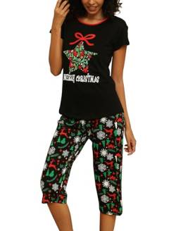 ENJOYNIGHT Schlafanzug Damen Kurz Pyjama Set Kurzarm Top mit 3/4 Lang Schlafhose Zweiteiliger Nachtwäsche S-3XL (X-Large,Weihnachtsdruck) von ENJOYNIGHT