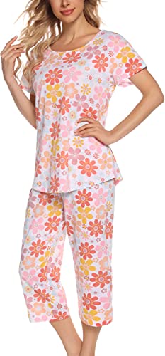 ENJOYNIGHT Schlafanzug Damen Kurz Pyjama Set Kurzarm Top mit 3/4 Lang Schlafhose Zweiteiliger Nachtwäsche S-3XL (XX-Large,Rosa Blume) von ENJOYNIGHT