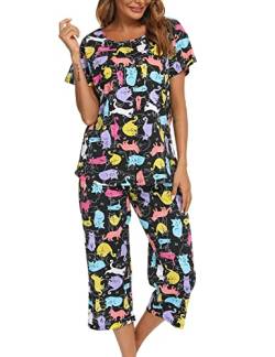 ENJOYNIGHT Schlafanzug Damen Kurz Pyjama Set Kurzarm Top und 3/4 Lange Hose Nachtwäsche (3X-Large,Farben Kat) von ENJOYNIGHT