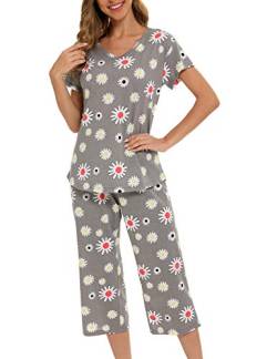 ENJOYNIGHT Schlafanzug Damen Kurz Pyjama Set Kurzarm Top und 3/4 Lange Hose Nachtwäsche (Large,Blume) von ENJOYNIGHT