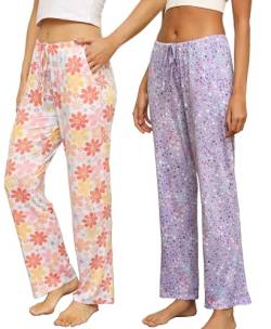 ENJOYNIGHT Schlafanzughose Damen Lang 2-Pack Pyjamahose Modal Schlafhose mit Taschen und Kordelzug (Large,Lila+Rosa Blume) von ENJOYNIGHT