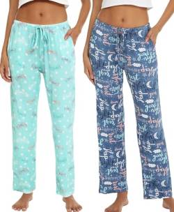 ENJOYNIGHT Schlafanzughose Damen Lang 2-Pack Pyjamahose Modal Schlafhose mit Taschen und Kordelzug (XX-Large,Blau+Schmetterling) von ENJOYNIGHT