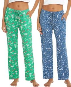 ENJOYNIGHT Schlafanzughose Damen Lang 2-Pack Pyjamahose Modal Schlafhose mit Taschen und Kordelzug (XX-Large,Blauer Stern+Flamingo) von ENJOYNIGHT