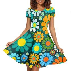 ENLACHIC Damen Sommer Kurzarm Sonnenblume Print Casual T Shirt Flowy Swing Kleider, Bunte Hippie-Blume, Groß von ENLACHIC