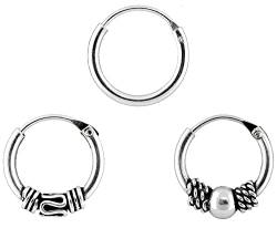 ENTREPLATA Ohrringe aus 925er-Sterlingsilber für Damen Mädchen Herren Jungen Unisex drei Kreolen zwei Bali-Creolen 12 und 10 mm und ein glatter Ring von 12 mm. von ENTREPLATA