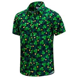 ENVMENST Herren St. Patrick's Day Shirt Irish Clover Printed Casual Kurzarm Hawaii Button Up Shirts, F, 3X-Groß von ENVMENST