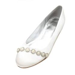 ENWIND Damen Satin Ballerinas Runde Spitze Anziehen Hochzeits Brautschuhe mit Perlen,Elfenbein,36 EU von ENWIND