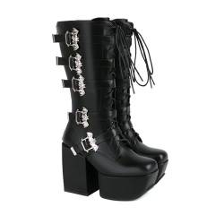 ENWIND Kniehohe Stiefel Für Damen Seitlicher Reißverschluss Warme Plattform Chunky Stiefel Punk Goth Walking Winter Schnee Stiefel,Black pu leather,48 EU von ENWIND