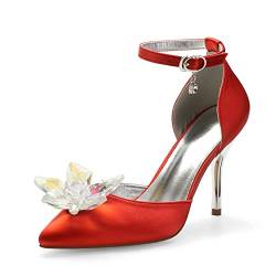 Pumps Frauen Strass High Heels Geschlossene Zehe Riemchen Funkelnde Hochzeit Brautkleid Schuhe,Rot,35 EU von ENWIND