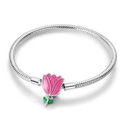 ENZEBAOFU 925 Sterling Silber Schlange Kette Charm Armband Schmetterling Beste Freund Herz mit 5A Cubic Zirkonia für Frauen Mädchen Geschenk, Romantische Tulpe, 7,1in (Handgelenkgröße 5,9 von ENZEBAOFU