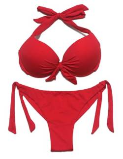 EONAR Damen Bademode Nackenträger Push up Bikinioberteil mit Underwire Niedriger Bund Bikinihosen Seitlich zu binden Brazil-Bikinislip, (Größe:38)70C/75C/80B, Rot von EONAR