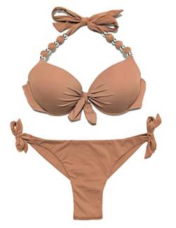 EONAR Damen Bademode Push up Bikini-Oberteil mit Bügel Niedriger Bund Bikinihosen Seitlich zu binden Brasilianischer Slip, (Größe:40-42)70D/75D/80C/85B, Khaki von EONAR