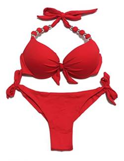 EONAR Damen Bademode Push up Bikini-Oberteil mit Bügel Niedriger Bund Bikinihosen Seitlich zu binden Brasilianischer Slip Bikini Set, (Größe:32)65A/65B/70A, Rot von EONAR