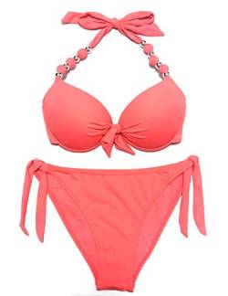 EONAR Damen Seitlich Gebunden Bikini Sets Abnehmbar Bademode Push up Bikinioberteil mit Nackenträger(L,Living Coral) von EONAR