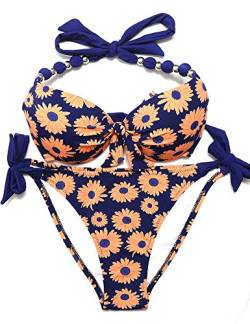 EONAR Damen Seitlich Gebunden Bikini Sets Abnehmbar Bademode Push up Bikinioberteil mit Nackenträger(L,Sunflower) von EONAR