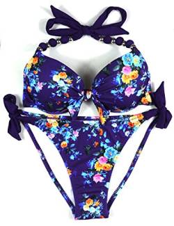 EONAR Damen Seitlich Gebunden Bikini Sets Abnehmbar Bademode Push up Bikinioberteil mit Nackenträger(XL,B-Floral) von EONAR