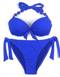 EONAR Damen Seitlich Gebunden Bikini Sets Abnehmbar Bademode Push up Bikinioberteil mit Nackenträger(XXL,Blue) von EONAR