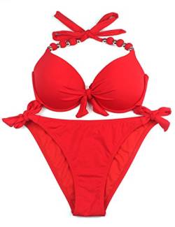 EONAR Damen Seitlich Gebunden Bikini Sets Abnehmbar Bademode Push up Bikinioberteil mit Nackenträger(XXL,Red) von EONAR