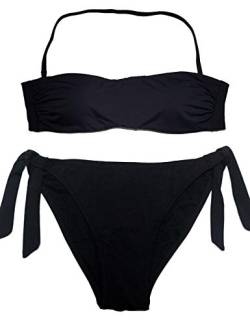EONAR Damen Zweiteilige Bikini Set Badeanzug Strandkleidung Neckholder Oberteil Bandeau Mit Side Tie Bikini Bottom Sport Abnehmbar, (Größe:38)70C/75C/80B, Schwarz von EONAR