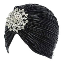 EORUBE Damen Turban Hut mit Kristall Brosche Exotisch Indischer Turban Hut 1920s Damen Fasching Kostüm Accessoires (Brosche Stil 1 - Schwarz) von EORUBE