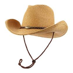 Western Cowboy Hut mit Schnur für Damen Herren Faltbarer Sommer Sonnenschutz Stroh Strandhüte mit breiter Krempe, khaki, 7/7 1/4 von EOZY