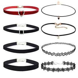 EQLEF Choker-Halsketten für Frauen 8-teilig, klassisches Choker-Set für Mädchen, rot, schwarz, Samt-Choker, Spitzen-Choker, Tattoo-Choker-Halskette für Alltag und Party(Schwarz und Rot) von EQLEF