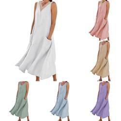 Ärmellos Baumwoll Leinen Strandkleid Damen Lang Tankkleid Vintage Einfarbig Sommerkleid Lose Maxikleid A-Linie Kleider Große Größen Partykleid Leicht Freizeitkleid mit Taschen Sommerkleider von EQWIGKEIT