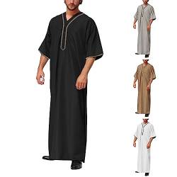 EQWIGKEIT Abaya Herren Kurzarm Muslim Kaftan Herren Retro Kaftan Roben Halbe Ärmel Thobe Muslimische Kleidung Lang Große Größen Männer Royalty Afghanische Dubai Robe Islamisch Ramadan Gebetskleidung von EQWIGKEIT