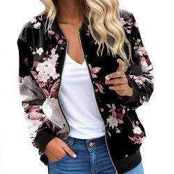 EQWIGKEIT Bomberjacke Damen Lässig Bikerjacke Leicht Pilotenjacke Vintage College Jacke Übergangsjacke Damen Oversized ReißVerschluss Kurz Outwear Blumenmuster Casual Mantel Langarm Motorradjacke von EQWIGKEIT