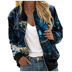 EQWIGKEIT Bomberjacke Damen Lässig Bikerjacke Leicht Pilotenjacke Vintage Freizeitjacke Kurz Übergangsjacke Oversized Sweatjacke Farbverlauf Damenjacke Langarm Fliegerjacke (Dark Blue-A, XXL) von EQWIGKEIT