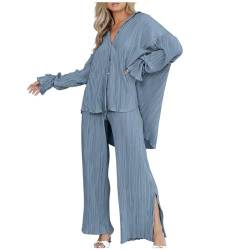 EQWIGKEIT Damen Set Zweiteiler Musselin Casual Outfits Revers Langarm Button Down Shirt Hohe Taille Lange Hosen Damen 2 Stück Loungewear Streetwear Anzüge Weites Plissee Bein Hosenanzüge von EQWIGKEIT