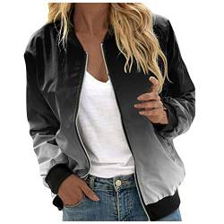 EQWIGKEIT Lässige Alltagsjacken für Damen, leichte Freizeitjacke mit Reißverschluss, Blumendruck, Mantel, Stehkragen, Kurze Sport-Outwear, Reißverschluss-Oberteile Damenmäntel (Black, M) von EQWIGKEIT