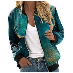 EQWIGKEIT Lässige Alltagsjacken für Damen, leichte Freizeitjacke mit Reißverschluss, Blumendruck, Mantel, Stehkragen, Kurze Sport-Outwear, Reißverschluss-Oberteile Damenmäntel (Green, XL) von EQWIGKEIT