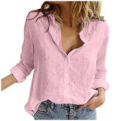 Musselin Bluse Damen Elegant Oberteile Lose Oversize Shirt Damen Lässig Langarmshirt Hemdbluse Stehkragen Hemd Langarm Longbluse Einfarbig Tops (Y1-Pink, XXL) von EQWIGKEIT