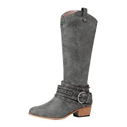 ERALP Damen Cowboystiefel Mit Klobiger Ferse Vintage Aushöhlen Schnalle Stiefel Für Frauen Knie Mittlere Wadenstiefel Wildleder Pu-Leder Spitze Zehe Reißverschluss Westernstiefel,Grau,42 von ERALP