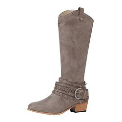 ERALP Damen Cowboystiefel Mit Klobiger Ferse Vintage Aushöhlen Schnalle Stiefel Für Frauen Knie Mittlere Wadenstiefel Wildleder Pu-Leder Spitze Zehe Reißverschluss Westernstiefel,Khaki,39 von ERALP