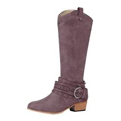 ERALP Damen Cowboystiefel Mit Klobiger Ferse Vintage Aushöhlen Schnalle Stiefel Für Frauen Knie Mittlere Wadenstiefel Wildleder Pu-Leder Spitze Zehe Reißverschluss Westernstiefel,Lila,40 von ERALP