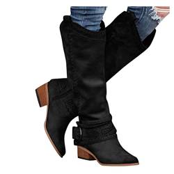 ERALP Damen Cowboystiefel Mit Klobiger Ferse Vintage Aushöhlen Schnalle Stiefel Für Frauen Knie Mittlere Wadenstiefel Wildleder Pu-Leder Spitze Zehe Reißverschluss Westernstiefel,Schwarz,43 von ERALP