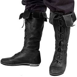 ERALP Herren Reitstiefel Vintage Mittelalterliche Flache Stiefel Gothic Steampunk Ritterstiefel Schnürstiefel Aus Kunstleder Für Halloween Cosplay,Schwarz,45 von ERALP