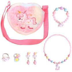 ERAOLIAE Einhorn Handtasche Schmuckset für Mädchen,Einhorn Umhängetasche, Einhorn Ohrring Halskette Bracelet Ring Kinderschmuck Set, Prinzessin Party Dress Up Geburtstag Geschenk (Rosa) (Rosa) von ERAOLIAE