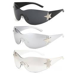 ERFGT 3 Stück Randlose Y2k Sonnenbrille, Y2K Wraparound Sonnenbrille, Y2K Sonnenbrille, mit Sternform-Tag, Punk One Piece Sonnenbrille, für den Außenbereich, Sonnenschutz im Sommer, Alltagskleidung von ERFGT