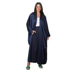 ERFMFKL Damen Satin Langarm Cardigan Robe Muslim Dubai Kimono Offenes Abaya-Kleid Eid Ramadan Abaya, blau, Einheitsgröße von ERFMFKL