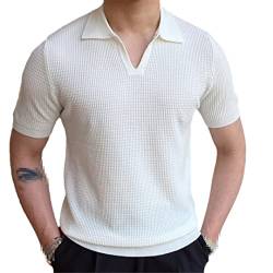 ERFMFKL Herren Einfarbig Kurzarm T-Shirt British Lapel Gestrickt Gestreift Casual Poloshirt, weiß, S von ERFMFKL