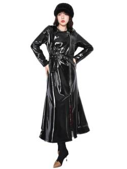 ERFMFKL Langer taillierter reflektierender glänzender weicher dehnbarer Lack-Kunstleder-Biker-Mantel Frauen Reißverschluss Jacke schwarz XXXL, Schwarz , 48 von ERFMFKL